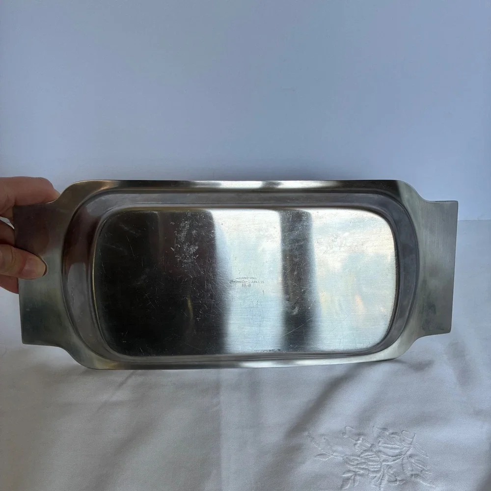 Vtg International Decorator Stainless Tray Floral Scroll Handle MCM Chic Retro